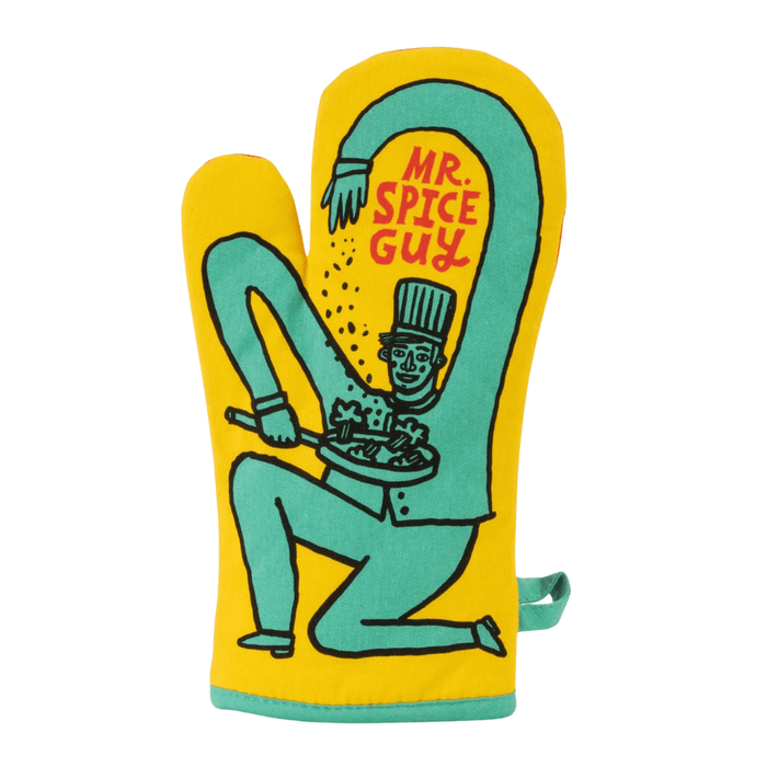 Blue Q Mr. Spice Guy Oven Mitt featuring bold retro character in yellow and turquoise, holding a sizzling pan