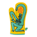 Blue Q Mr. Spice Guy Oven Mitt featuring bold retro character in yellow and turquoise, holding a sizzling pan