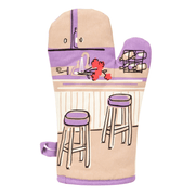 Back of Blue Q Oops I’m Drunk oven mitt showing kitchen scene print and hanging loop