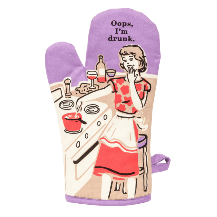 Front of Blue Q Oops I’m Drunk oven mitt with retro cook illustration and lilac trim