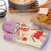 Blue Q Oops I’m Drunk oven mitt on marble beside cheese board, crackers and red wine