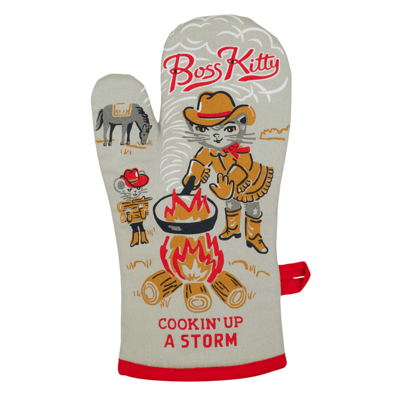 Front of Blue Q Boss Kitty Cookin’ Up A Storm oven mitt with cowboy cat campfire design
