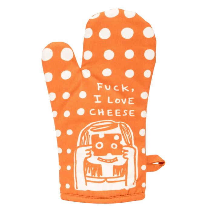 Front of Blue Q oven mitt - Fuck, I love cheese