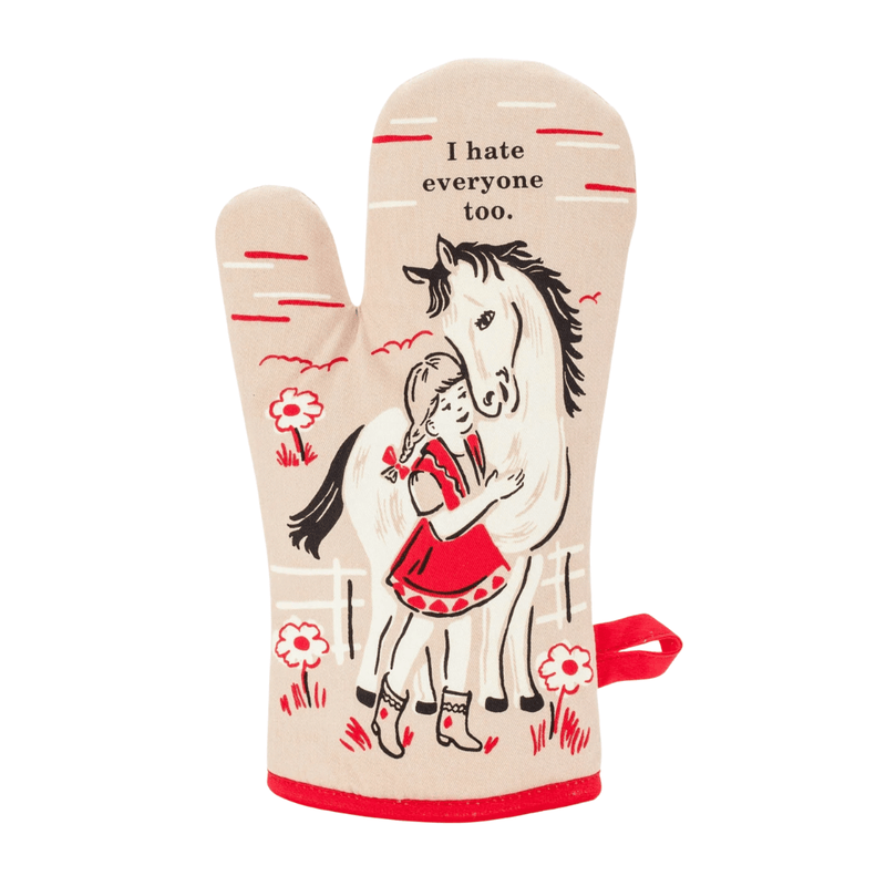 Front of Blue Q oven mitt - I Hate everyone too