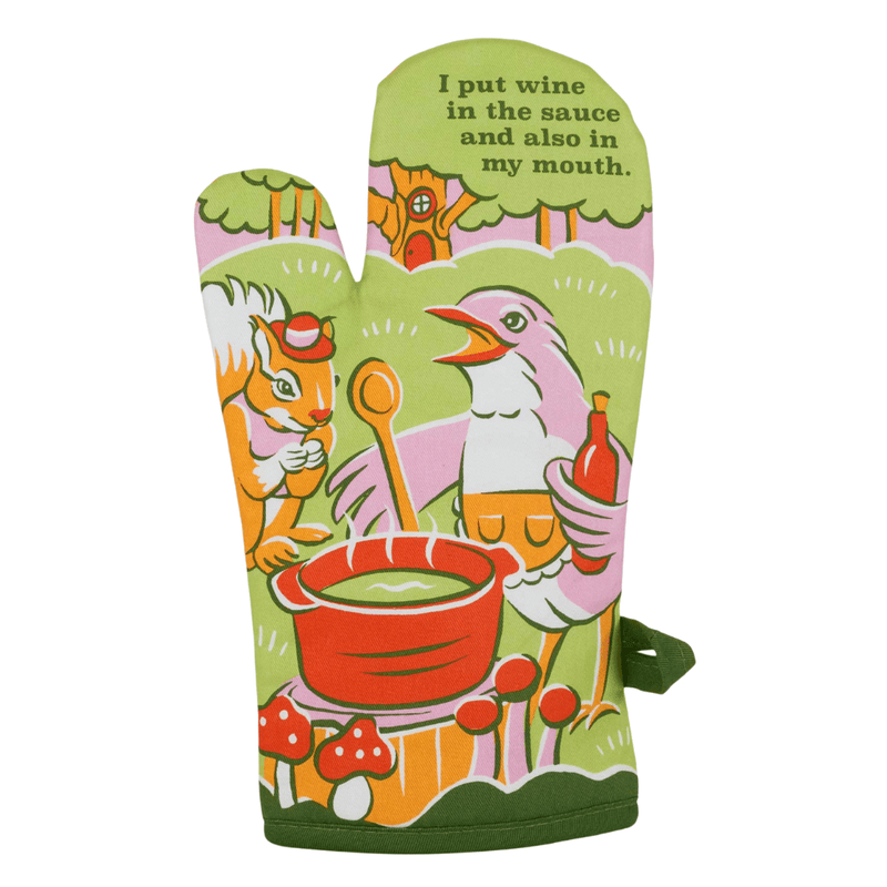 Front of Blue Q I Put Wine in the Sauce oven mitt with woodland artwork