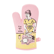 Front of Blue Q I’ve Got a Knife oven mitt with retro housewife illustration