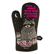 Front of Blue Q Then Make Your Own Dinner oven mitt with raccoon chef design