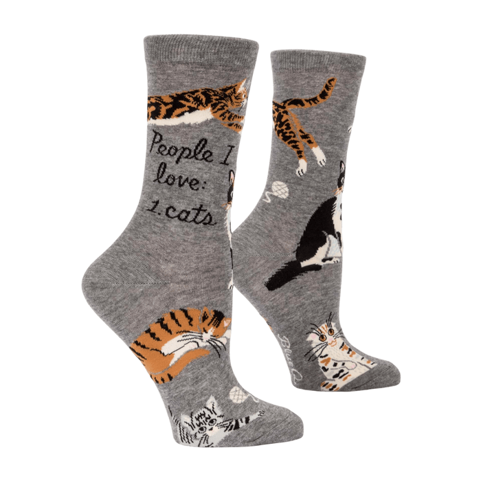 Grey Blue Q crew socks with illustrated cats and text People I love: 1. cats, angled view