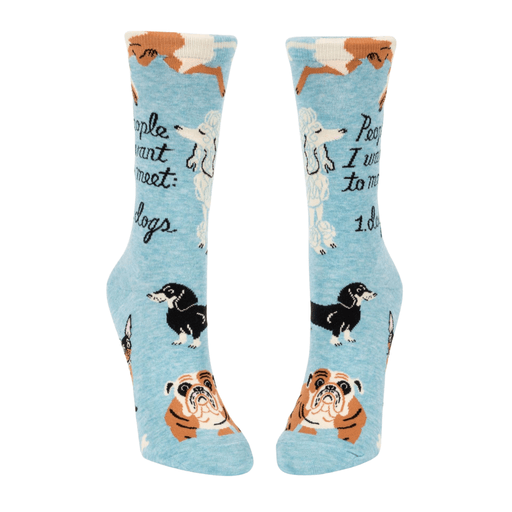 Front view of Blue Q women’s crew socks in sky blue with doodled dog breeds and the slogan People I want to meet: dogs