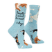 Angled view of Blue Q sky-blue crew socks showing dachshund, bulldog, poodle and chihuahua illustrations with slogan