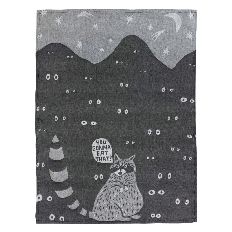 Full Blue Q You Gonna Eat That tea towel design with raccoon and night-sky artwork