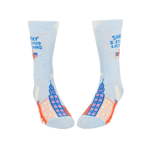 Pair of Blue Q Sorry I Stopped Listening men’s socks, front view on white background.