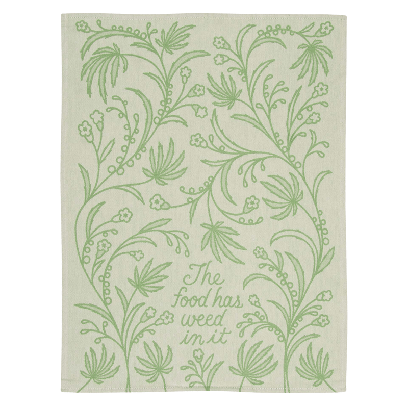 Full Blue Q The Food Has Weed In It tea towel design with colourful kitchen artwork