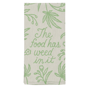 Front of Blue Q The Food Has Weed In It tea towel with bold food-themed design