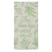 Folded Blue Q tea towel showing the phrase The food has weed in it in green script