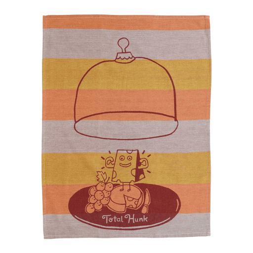 Full tea towel laid flat with cheese and grapes design on mustard, orange and mauve stripes