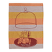 Full tea towel laid flat with cheese and grapes design on mustard, orange and mauve stripes