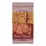 Front of Blue Q Total Hunk Cheese tea towel with smiling cheese illustration