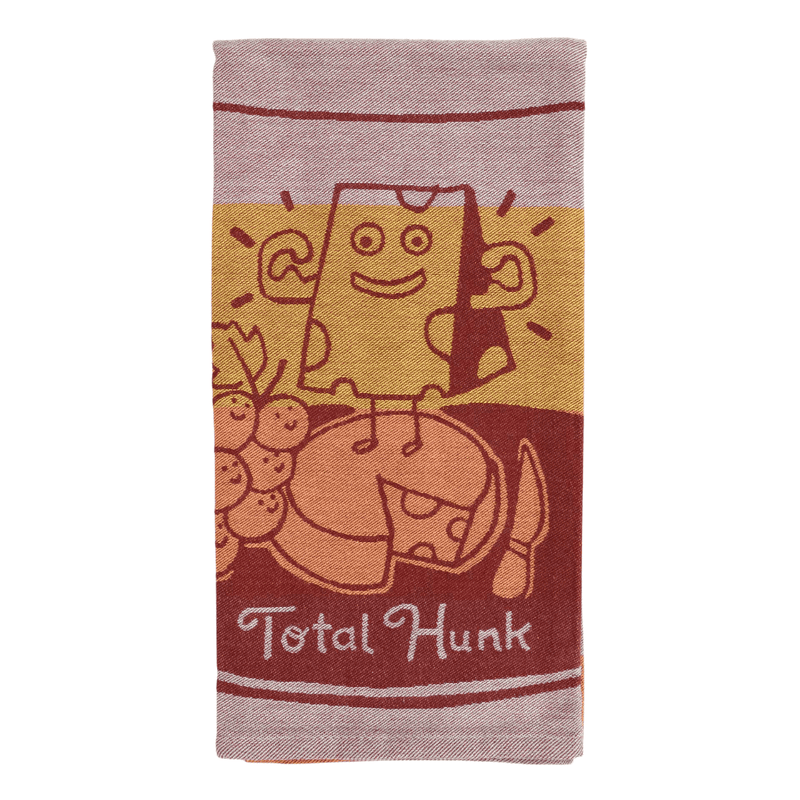 Front of Blue Q Total Hunk Cheese tea towel with smiling cheese illustration