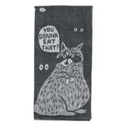 Front of Blue Q You Gonna Eat That tea towel with raccoon snack artwork