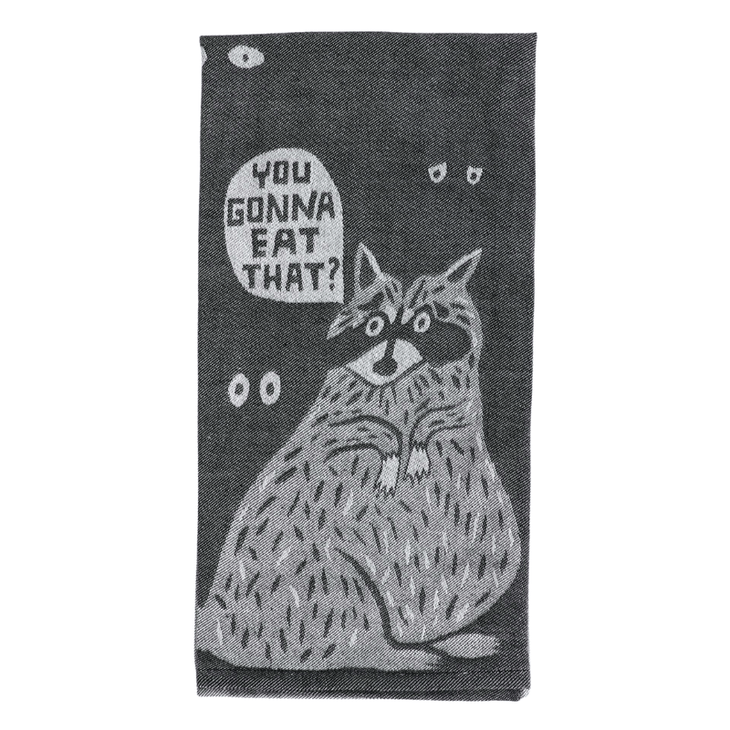 Front of Blue Q You Gonna Eat That tea towel with raccoon snack artwork