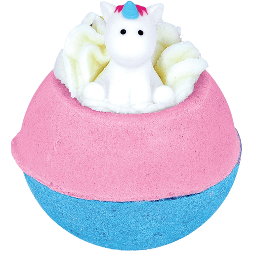 Bomb Cosmetics Born to be a Unicorn Bath Blaster with unicorn topper and butter piping on a pink and blue bath bomb