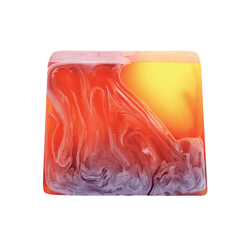 Bomb Cosmetics Caiperina Soap Slice on a white background with red, orange and yellow swirls