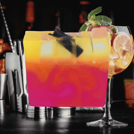 Bomb Cosmetics Happy Hour Soap Slice with colourful gradient design styled in a cocktail bar setting