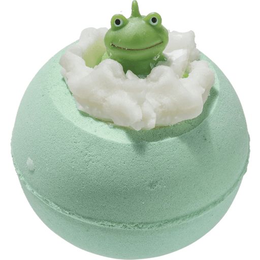 Bomb Cosmetics It’s Not Easy Being Green Bath Blaster with frog topper and white butter piping on a green bath bomb