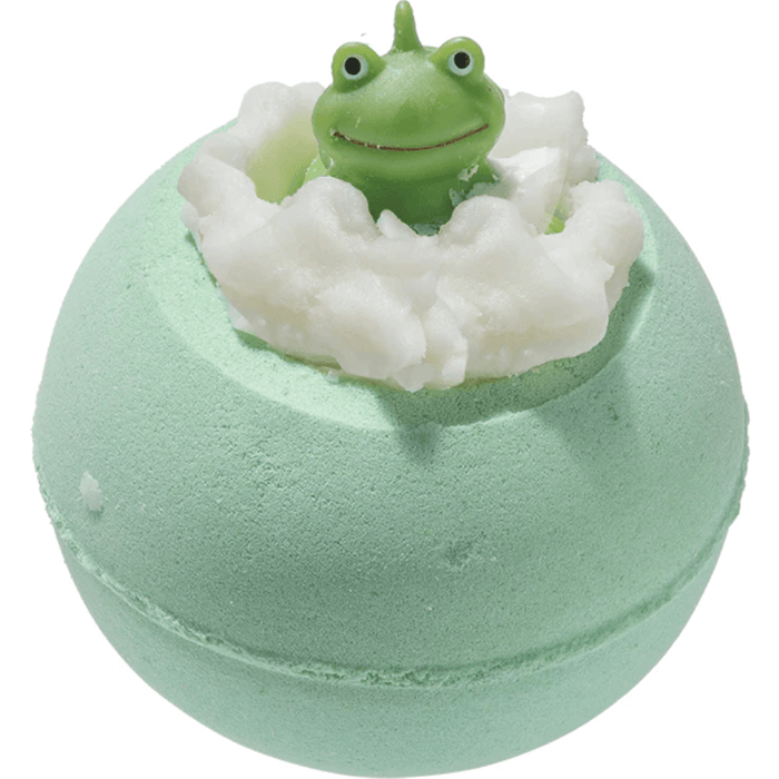 Bomb Cosmetics It’s Not Easy Being Green Bath Blaster with frog topper and white butter piping on a green bath bomb