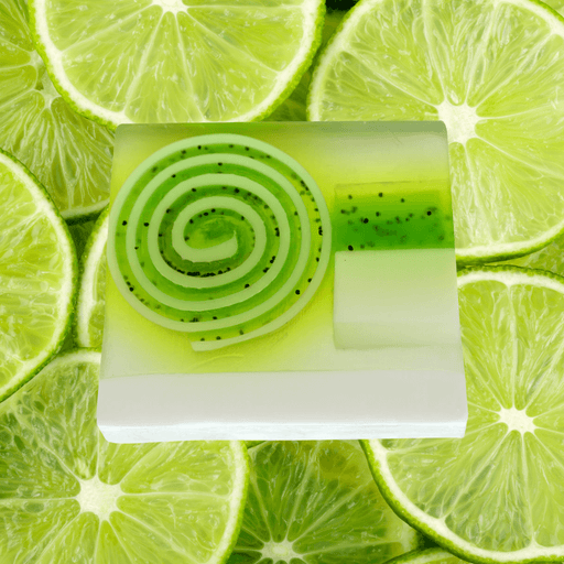 Bomb Cosmetics Lime & Dandy Soap Slice styled on a bright lime slice background with green swirl detail