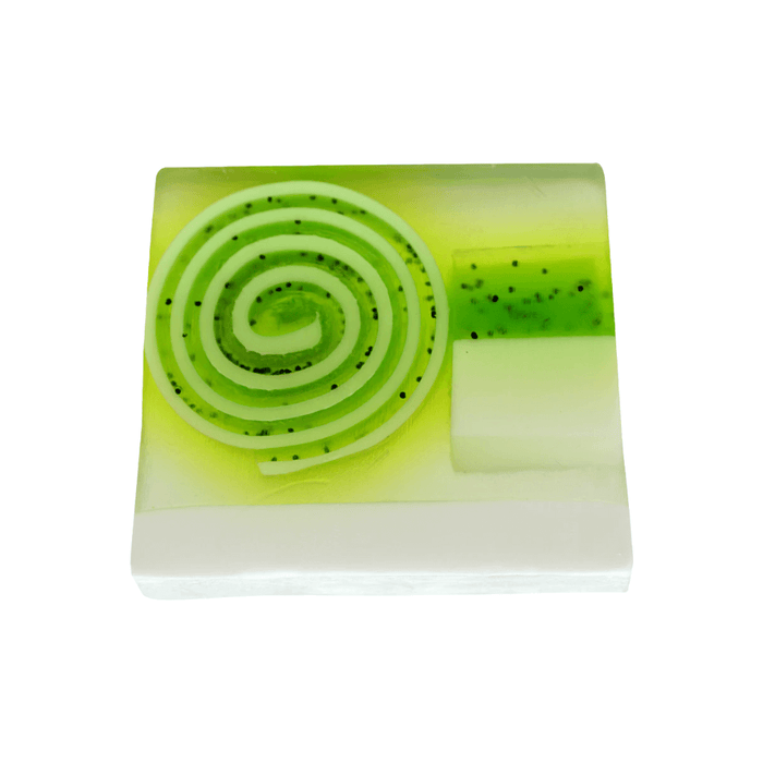 Bomb Cosmetics Lime & Dandy Soap Slice on a white background with green spiral design and layered base