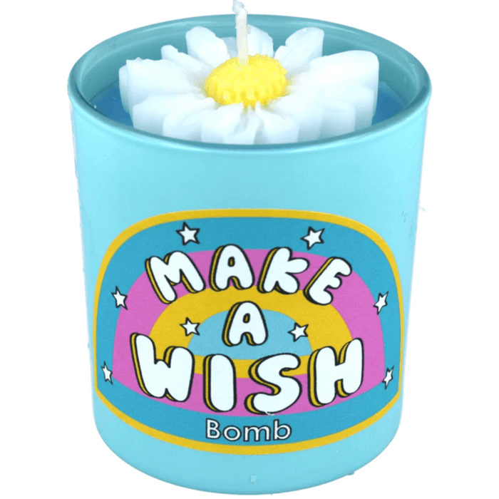 Bomb Cosmetics Make A Wish flower candle—turquoise jar with white wax daisy bloom, clary-sage & ylang-ylang scent.