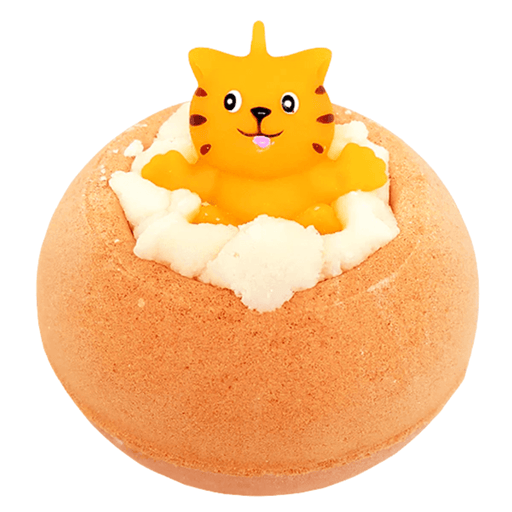 Bomb Cosmetics Meow For Now Bath Blaster with cat topper and cocoa shea butter piping on an orange bath bomb