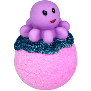 Bomb Cosmetics Octopus’s Garden Bath Blaster with octopus topper on a pink bath bomb with blue shimmer top