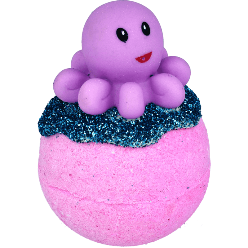 Bomb Cosmetics Octopus’s Garden Bath Blaster with octopus topper on a pink bath bomb with blue shimmer top