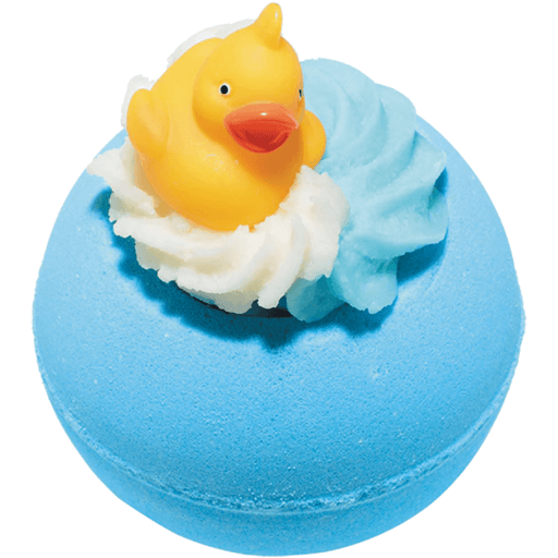 Bomb Cosmetics Pool Party Bath Blaster with duck topper and cocoa shea butter swirl on a blue bath bomb