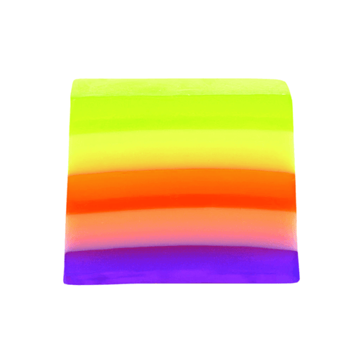 Bomb Cosmetics Pure Therapy Soap Slice on a white background with bright green, orange and purple layers