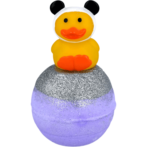 Bomb Cosmetics Quack Fu Panda Bath Blaster with panda duck topper and purple silver bath bomb on a white background