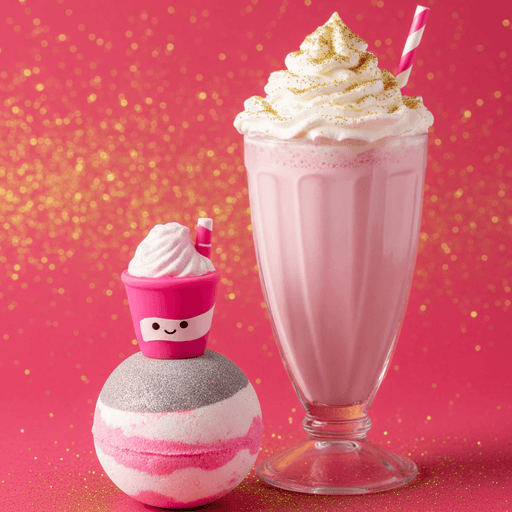 Bomb Cosmetics Sip Me Baby One More Time Bath Blaster styled beside a pink milkshake on a glittery background