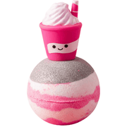 Bomb Cosmetics Sip Me Baby One More Time Bath Blaster with milkshake topper on a pink, white and silver bath bomb