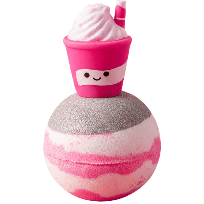 Bomb Cosmetics Sip Me Baby One More Time Bath Blaster with milkshake topper on a pink, white and silver bath bomb