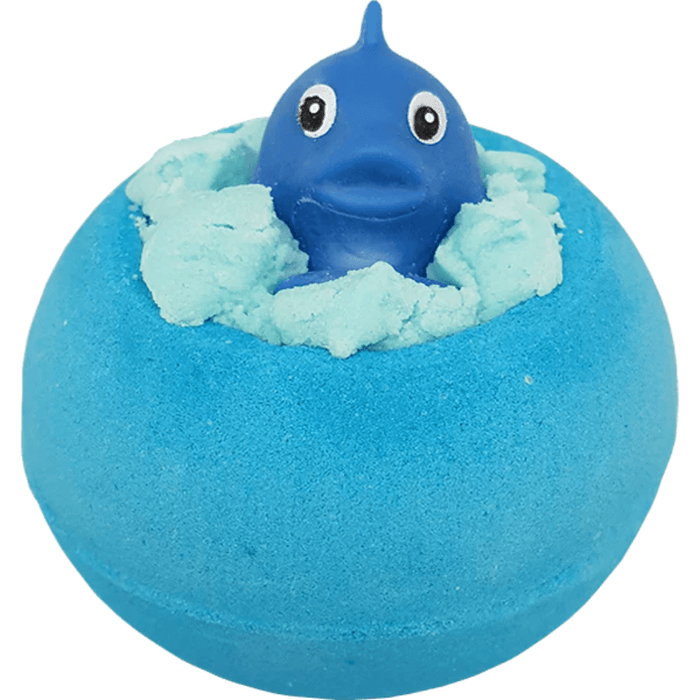 Bomb Cosmetics Splash! Bath Blaster with whale topper and cocoa shea butter piping on a blue bath bomb