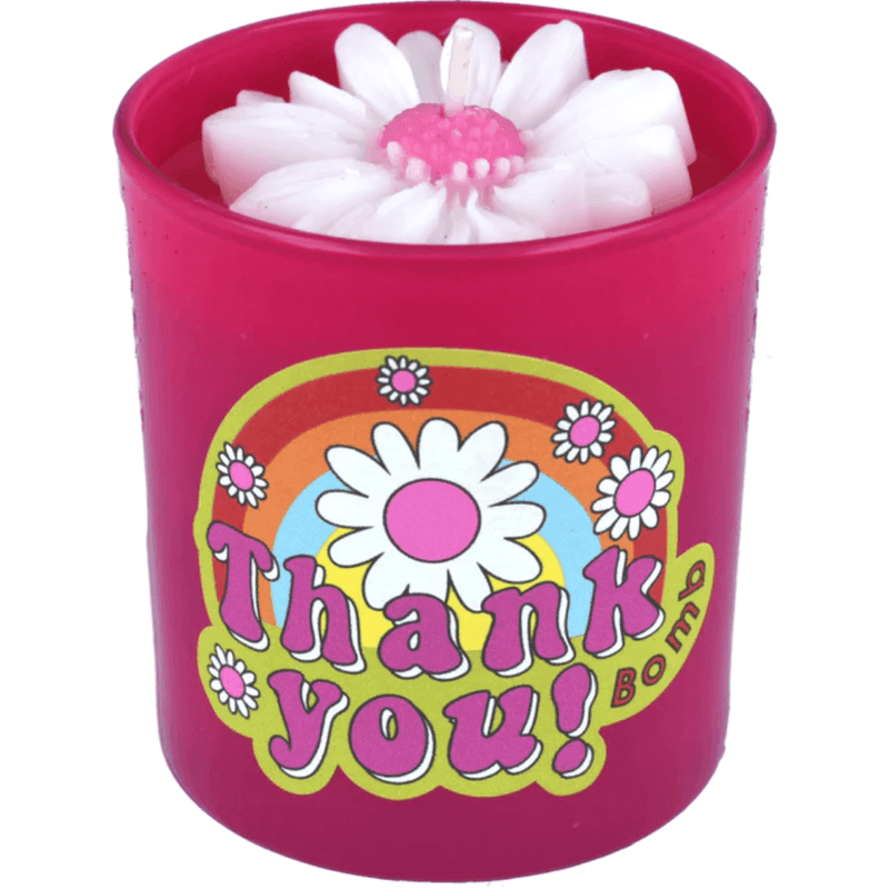Bomb Cosmetics “Thank You” flower candle—hot-pink jar with white wax daisy bloom and colourful retro thank-you label.