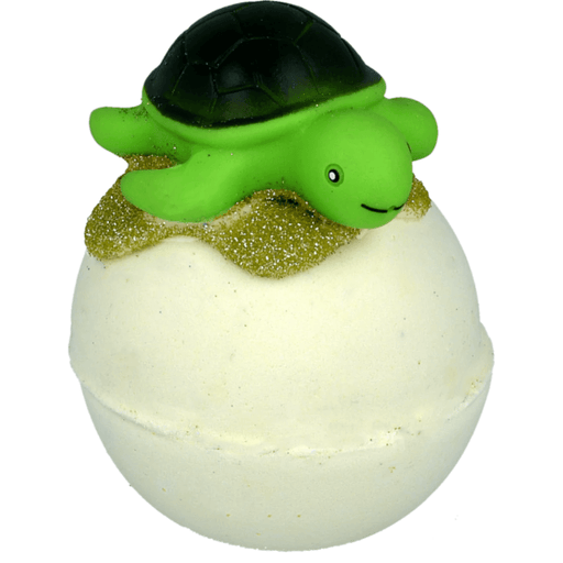 omb Cosmetics Turtle Chill Bath Blaster with turtle topper and gold shimmer top on a white bath bomb