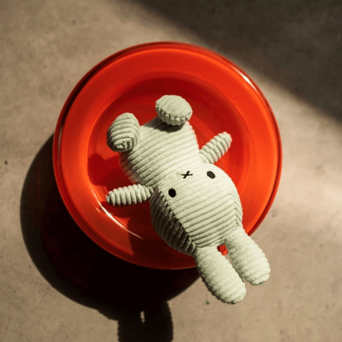 Bon Ton Toys Miffy Corduroy Eco Fresh Mint 23cm plush toy lying in an orange bowl