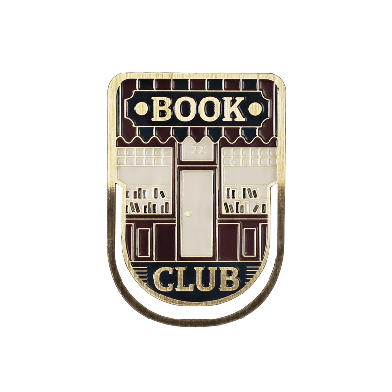 Close up of Book Club enamel metal bookmark with bookshop storefront design