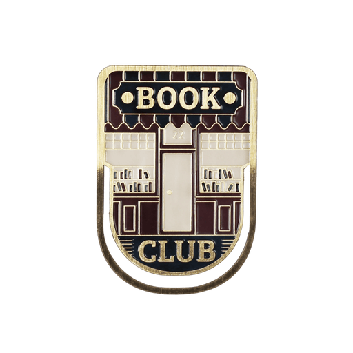 Close up of Book Club enamel metal bookmark with bookshop storefront design