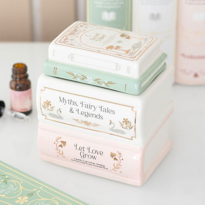 Ceramic book stack oil burner and wax warmer with pastel book design