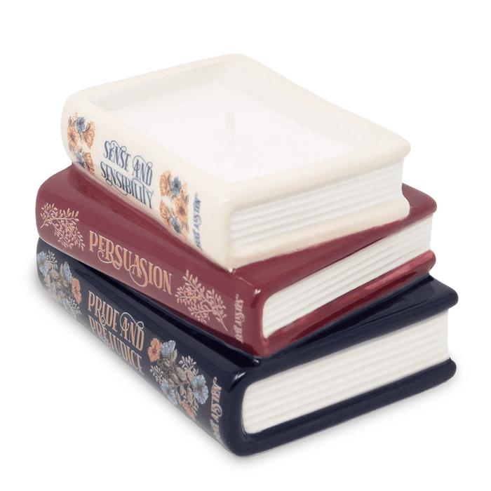 Side view of Jane Austen book stack candle showing sculpted book pages
